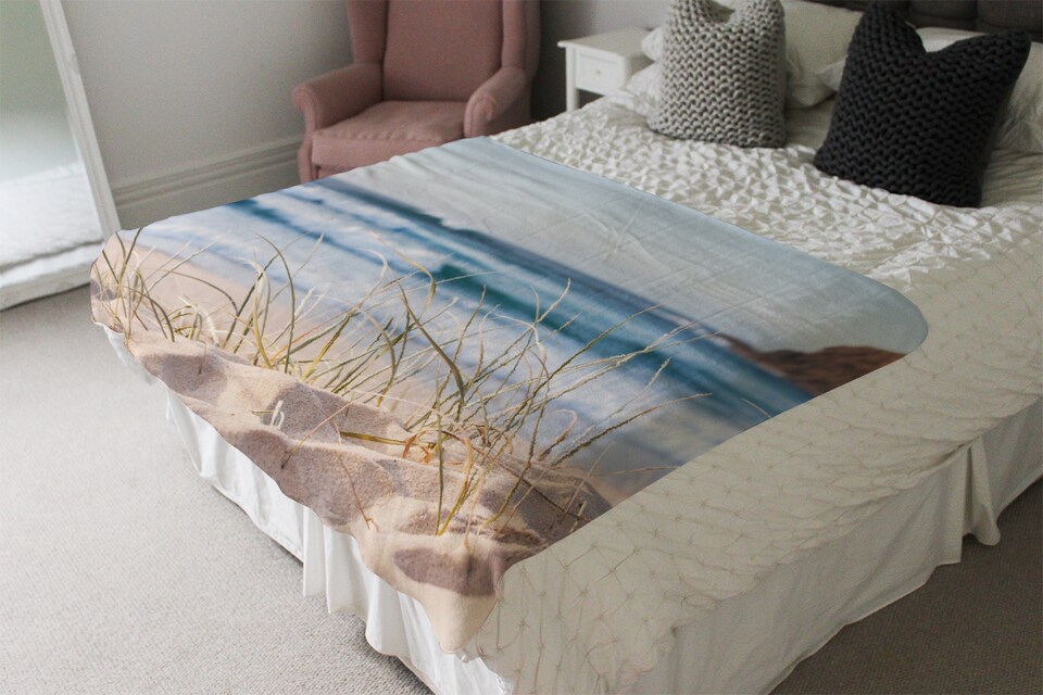 image 1 of dune grass in Australia with turquoise surf waves of the pacific ocean Designer Blanket | Multi