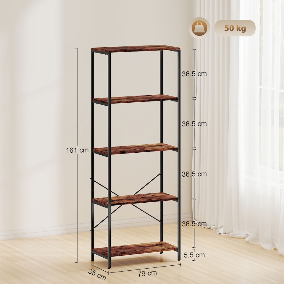 image 1 of HOMCOM 5-Tier Bookshelf, Industrial Bookcase, Floor Standing Book Shelf with Metal Frame, Open Display Shelving Unit for Living Room, Home Office and Bedroom, Rustic Brown and Black