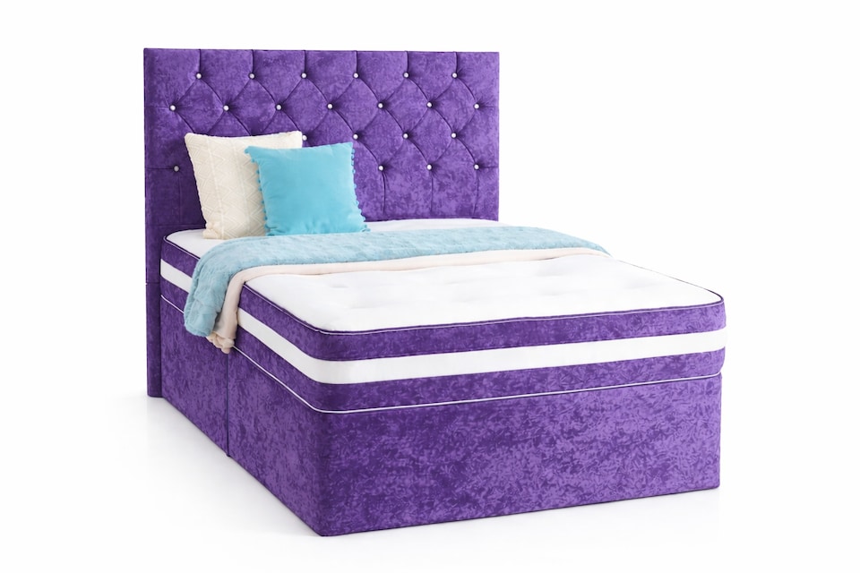 Chesterfield Purple Crushed Velvet Superking 6ft Divan Bed With 54inch Floorstanding Headboard and Mattress 2 Drawers Same Side