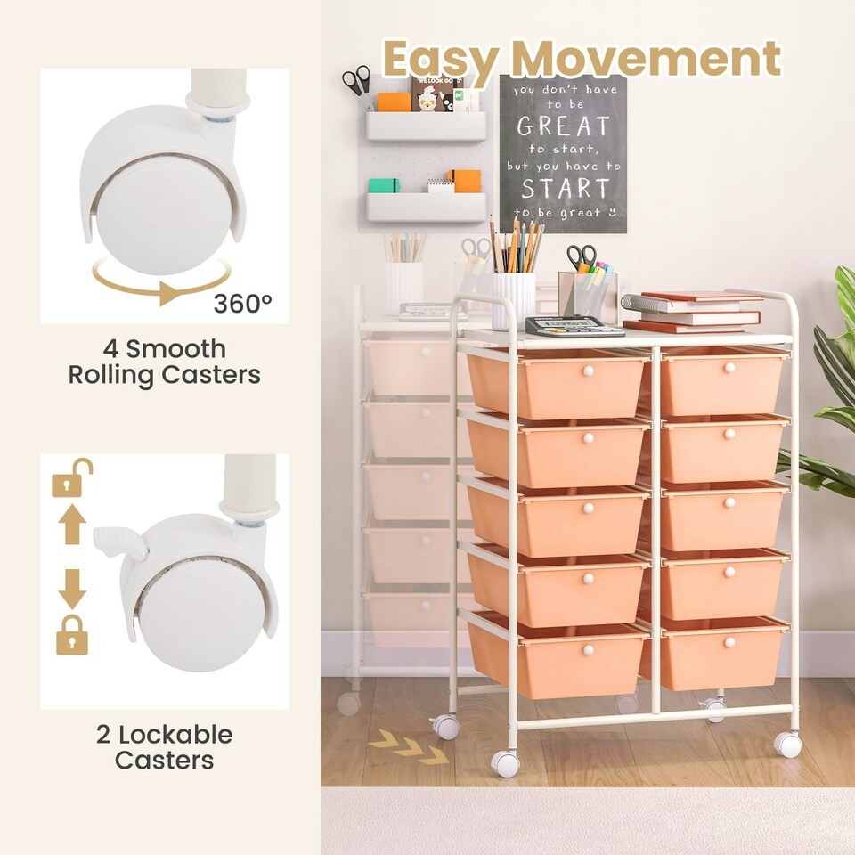 image 1 of COSTWAY 10 Drawers Storage Rolling Cart w/Universal Wheel Peach