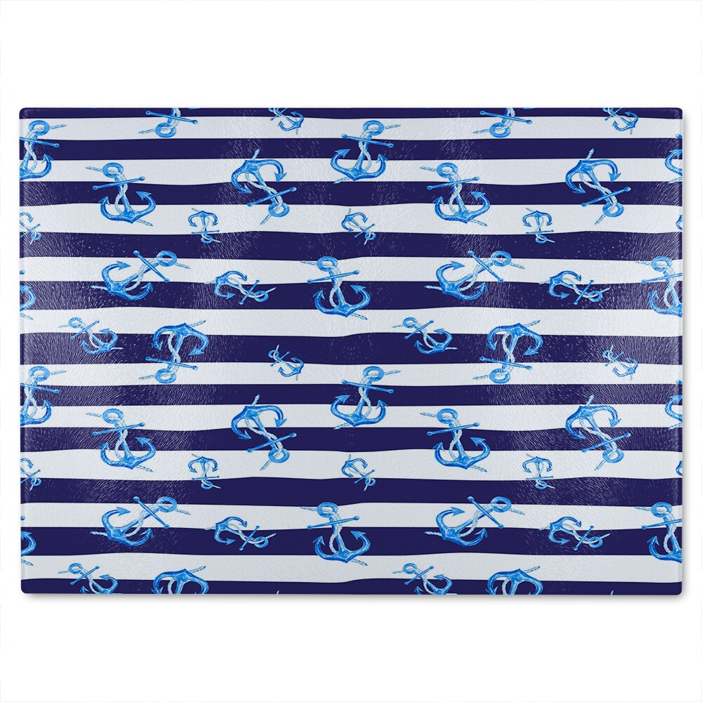 Blue Anchors On Navy Striped Glass Chopping Board Multi
