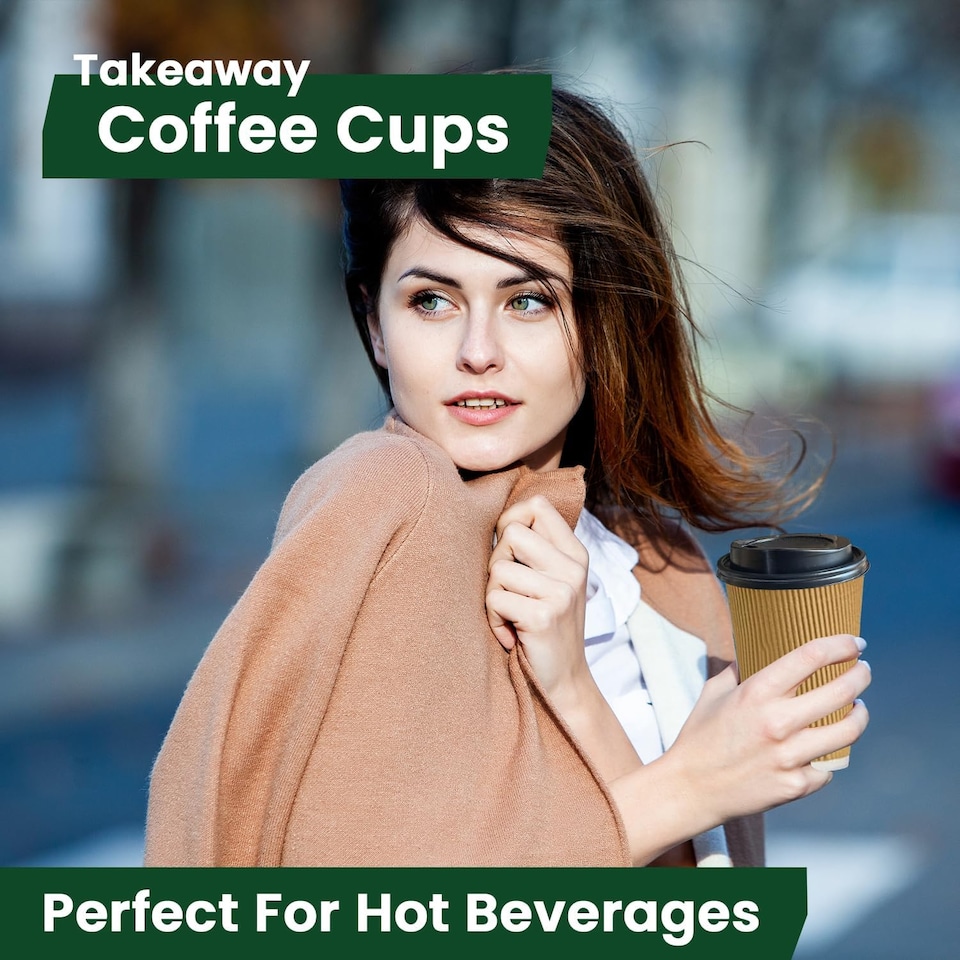 image 1 of ECONX 12oz Disposable Coffee Cups With Black Lid Ripple Insulated Paper Cups 50pc