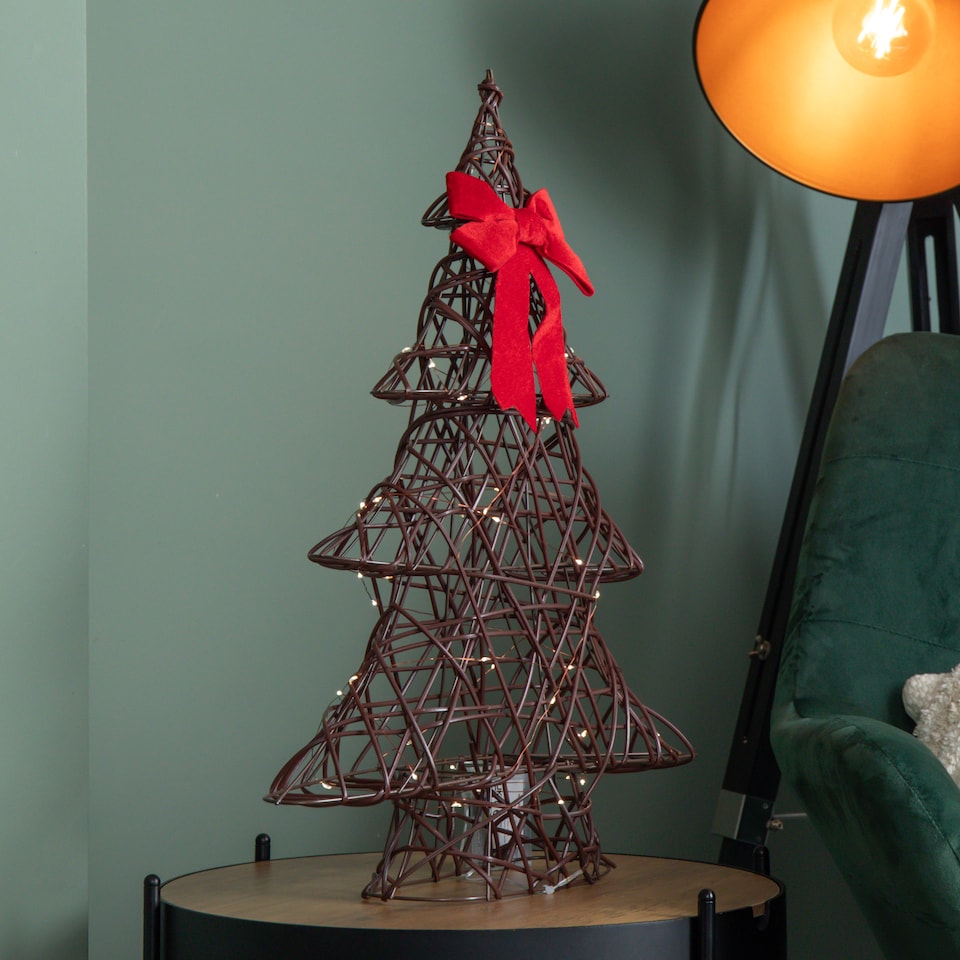 image 1 of 60cm Battery Operated Light up Christmas Tree with Red Bow & 60 Warm White LEDs