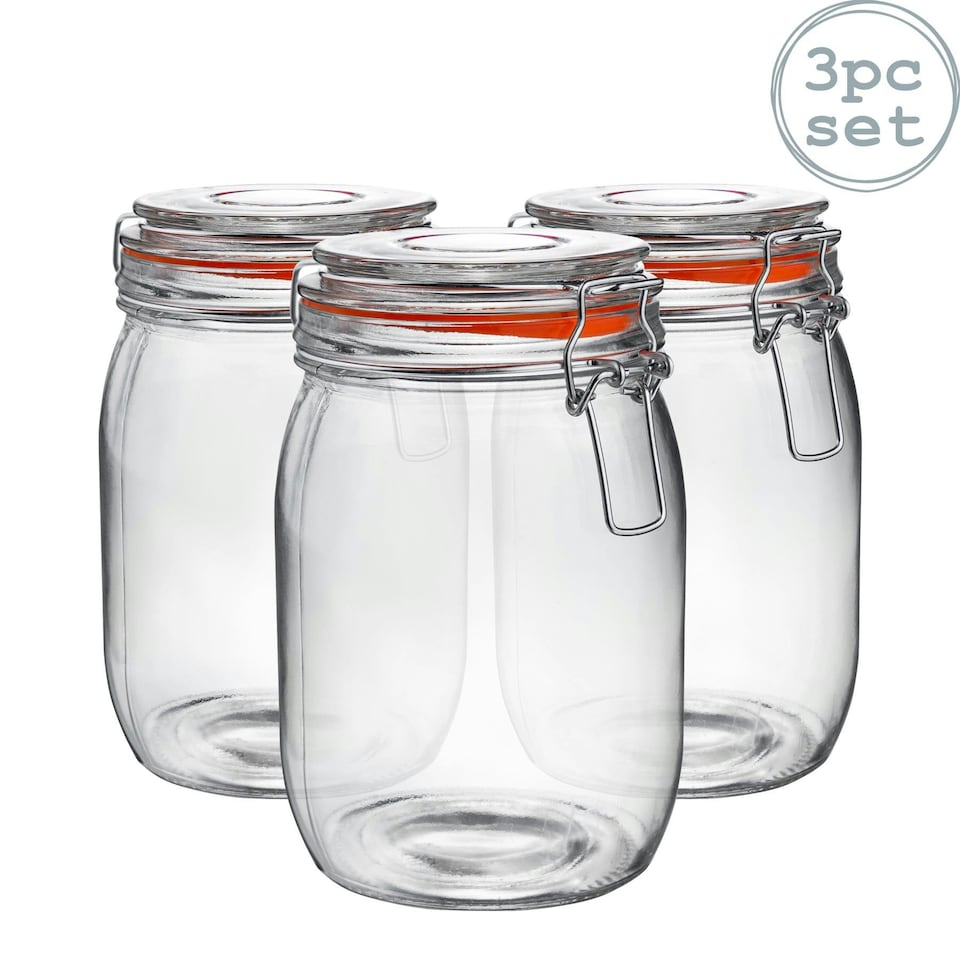 image 1 of Argon Tableware 3x Glass Storage Jars - 1 Litre - Orange Seal - Clip Top Storage Jar Kitchen Jair Preserving Jar Kitchen Storage Jar