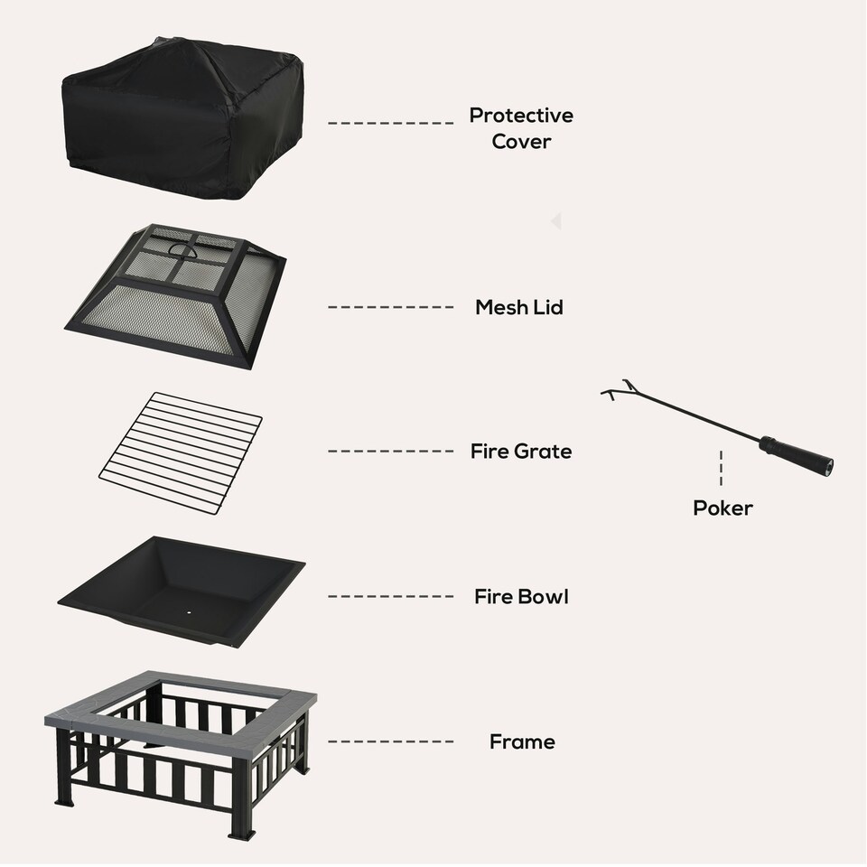 image 1 of Outsunny Fire Pit Heater Square Table Patio Backyard Metal Black φ86cm Outdoor