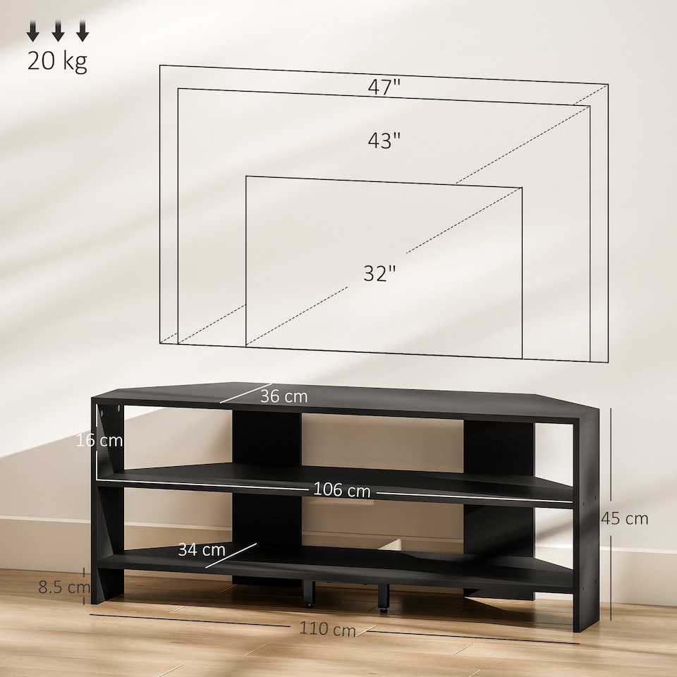 image 1 of HOMCOM Corner TV Stand for 47 Inch Television, Modern TV Unit with 2 Open Shelves for Living Room, Bedroom, Black | Black