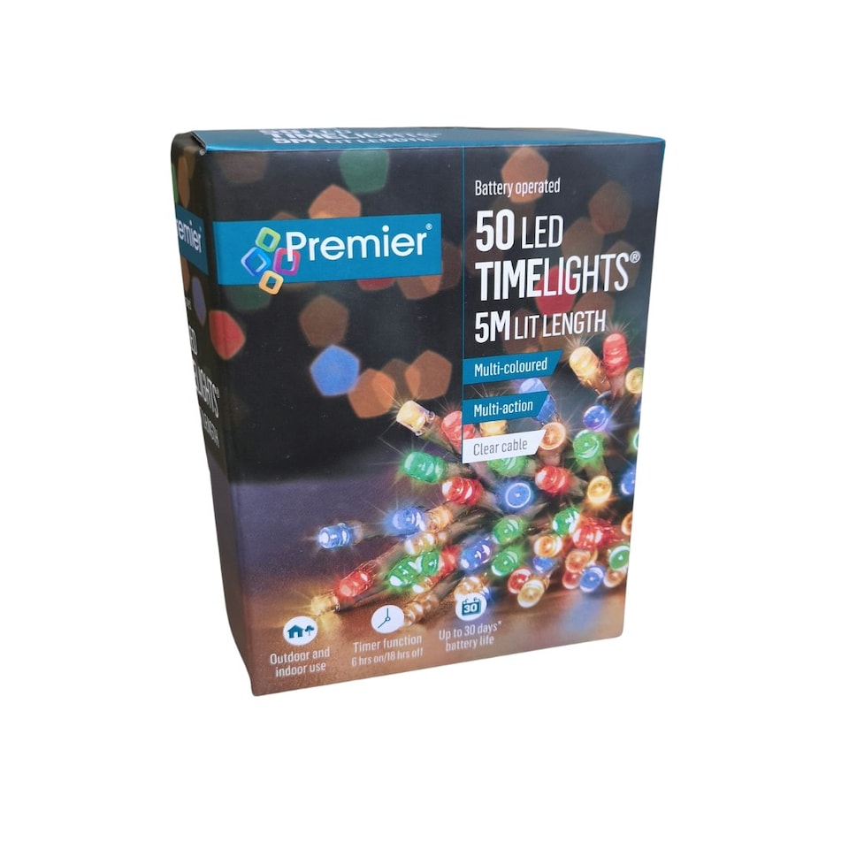 image 1 of 50 LED 5m Premier Christmas Outdoor Multi Function Battery Lights with Timer & Clear Cable in Multicoloured