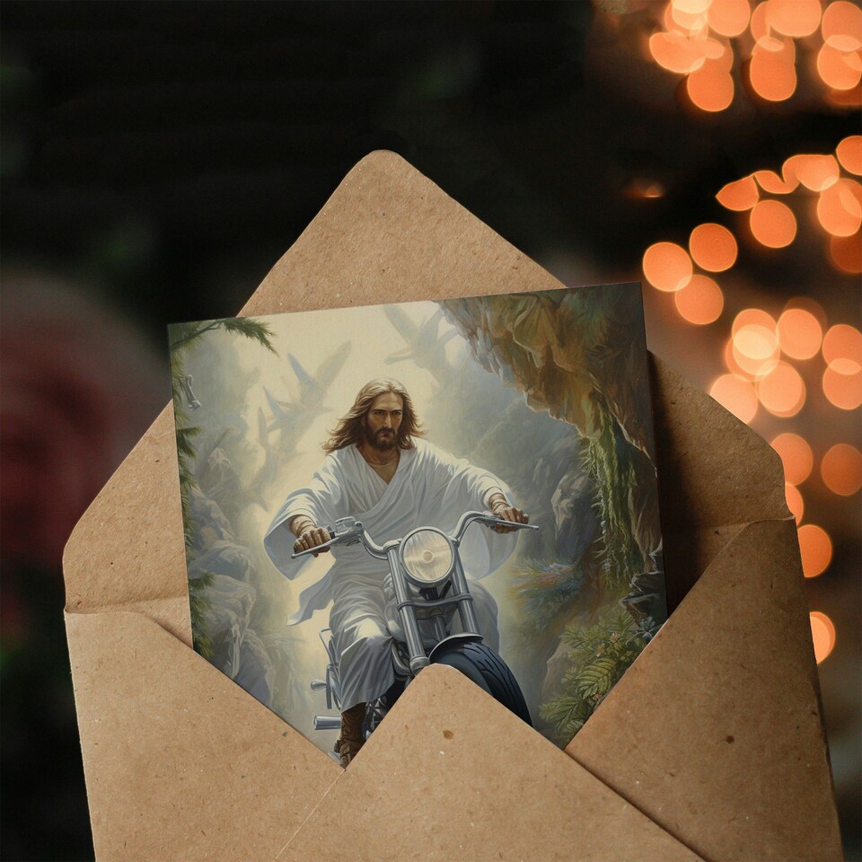 image 1 of Happy Birthday Christ on a Bike Funny Motorcycle Jesus Birthday Card
