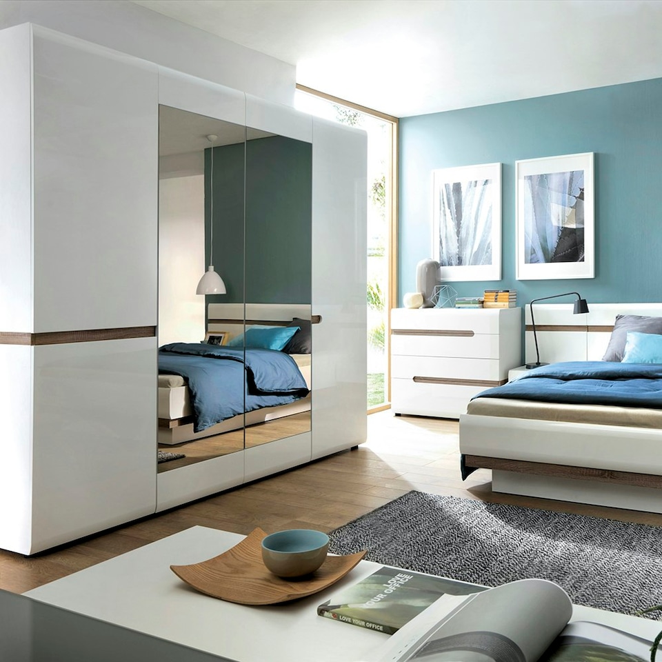 image 1 of Chelsea Bedroom 4 Door Wardrobe with Mirrors in White with a Truffle Oak Trim