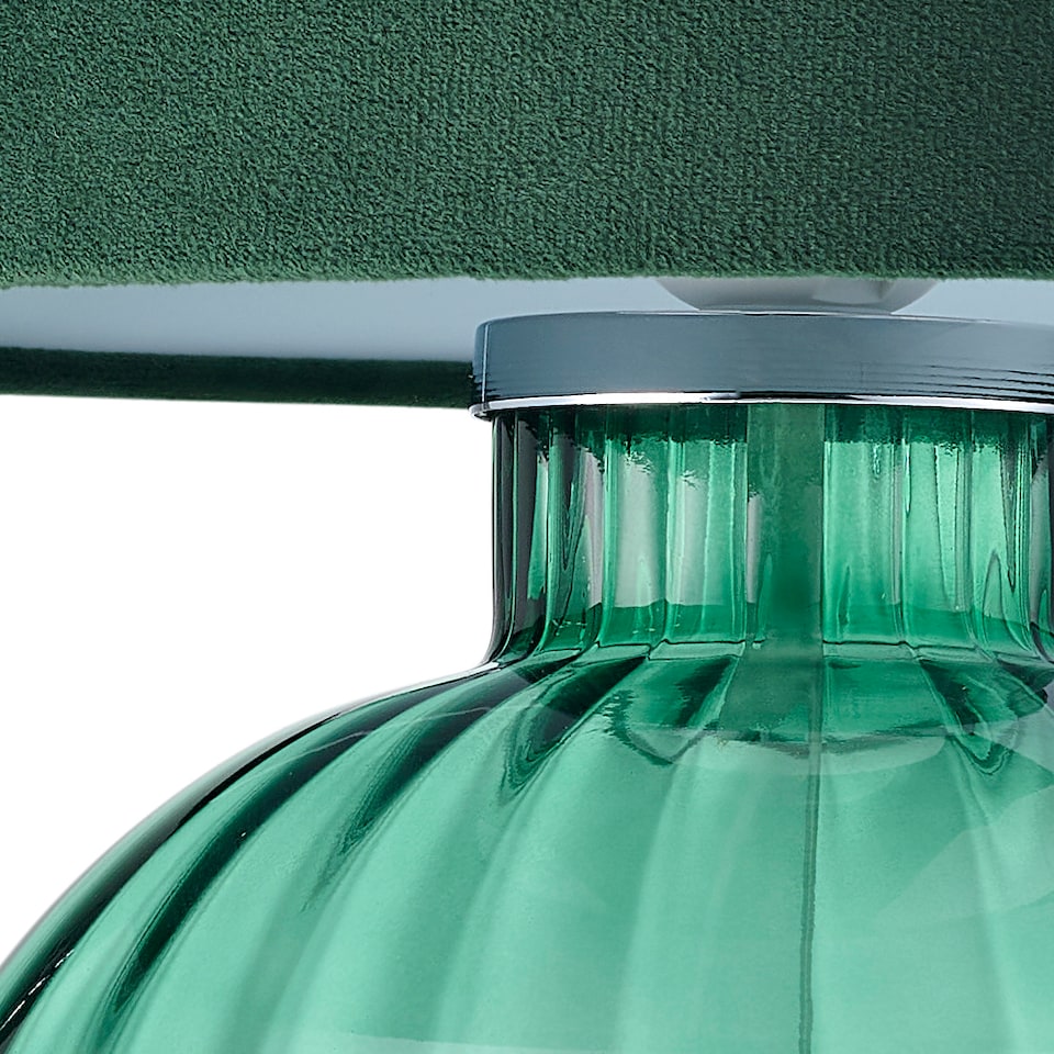 image 1 of Contemporary Emerald Ribbed Glass Table Lamp with Forest Green Velvet Shade | Green