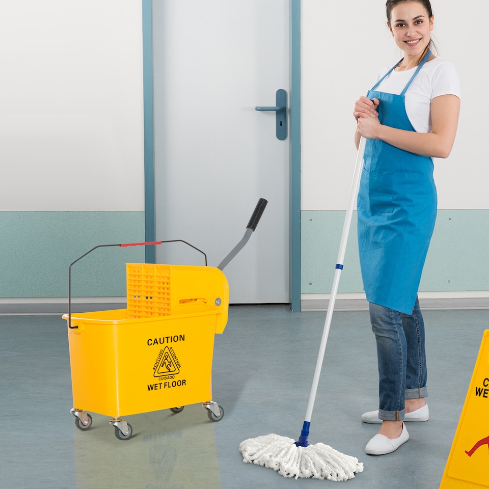 image 1 of HOMCOM 20L Compact Mop Bucket with Wringer and Handle, Mop Bucket on Wheels for Floor Cleaning, Separate Dirty and Clean Water, for Home, Flat, Yellow
