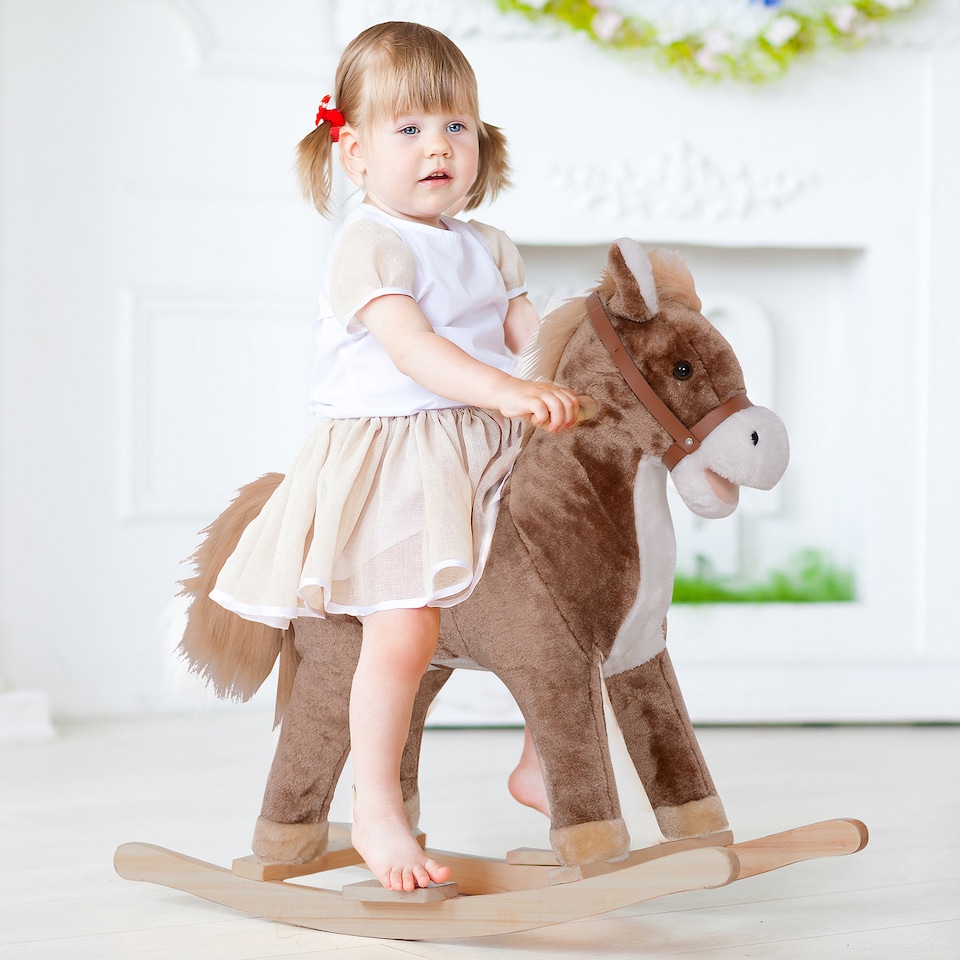 image 1 of HOMCOM Kids Children Plush Rocking Horse Wooden Base Ride On Toy Rocker with Handle Grip Traditional Toy Fun Gift for Age 3 Plus (Brown & White)