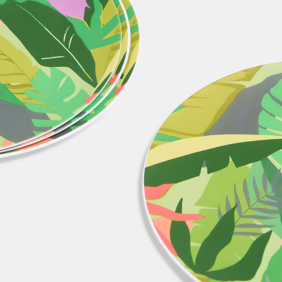 image 1 of OHS Summer Print Plastic Picnic Plates Set of 4 Lightweight Outdoor | Green | Colourful Palm