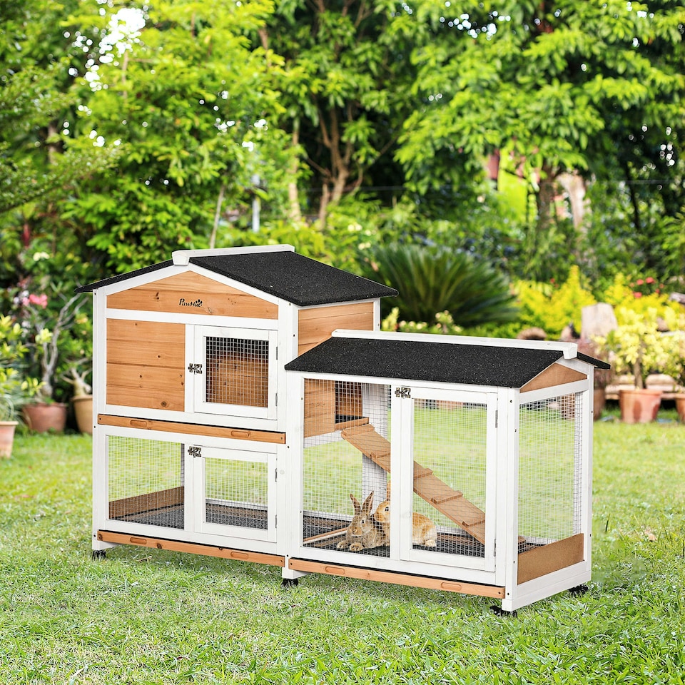 image 1 of PawHut Rabbit Hutch, Bunny Cage Outdoor 2-Tier w/ Wheels & Tray, Yellow
