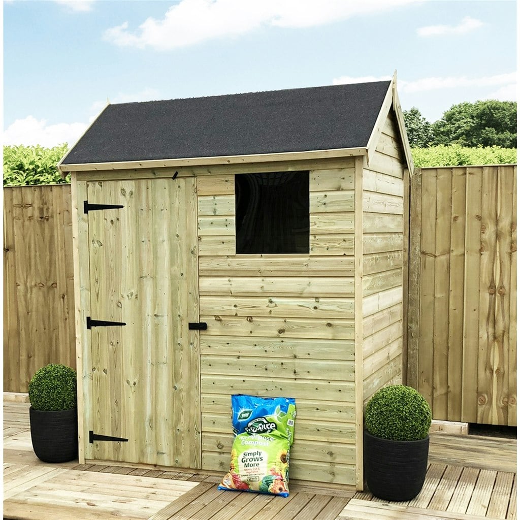 7 x 5 Reverse Apex Premier Pressure Treated Tongue And Groove Shed With Higher Eaves And Ridge Height + 1 Window + Single Door (7' x 5' / 7ft x 5ft) (