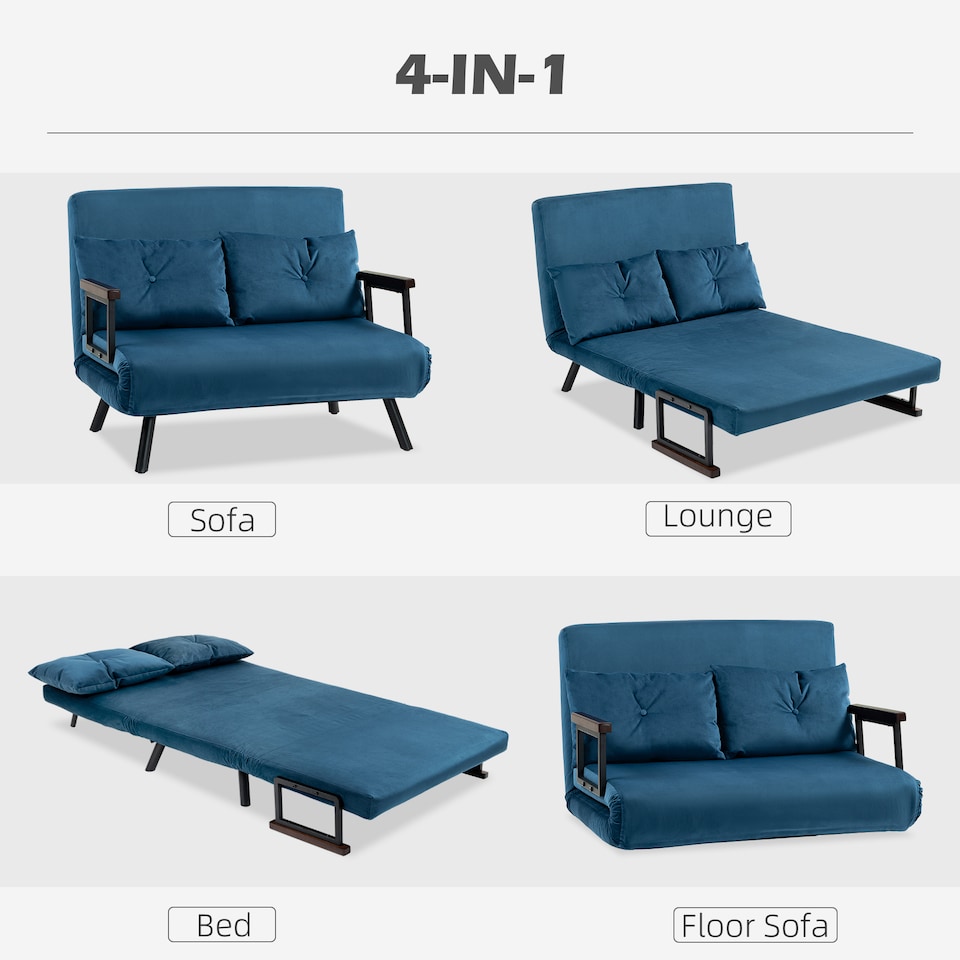 image 1 of HOMCOM 2 Seater Sofa Bed, Click Clack Convertible Bed Settee, Modern Velvet Feel Fabric Sofa Couch with 2 Tufted Cushions, Wood Armrests for Living Room, Bedroom, Guest Room, Navy Blue
