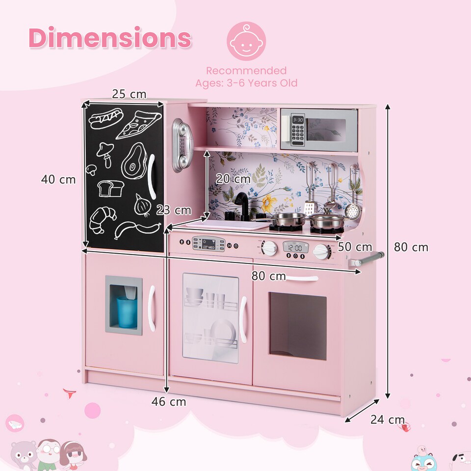 image 1 of COSTWAY Wooden Play Kitchen Kids Pretend Play Toy Microwave Ice Make Pink