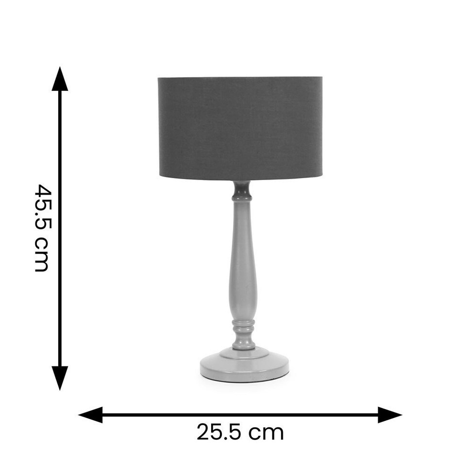 image 1 of ValueLights Victoria Grey Wood Traditional Stem Table Lamp with Charcoal Fabric Drum Shade and LED Bulb