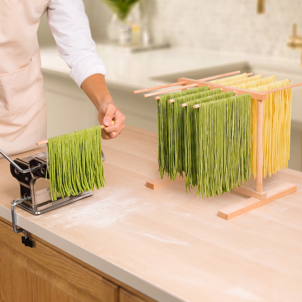 image 1 of VonShef Pasta Drying Rack & Storage Bag, Collapsible Wooden Noodle Stand for Homemade Spaghetti, Fresh Pasta Drying Tree with 12 Arms