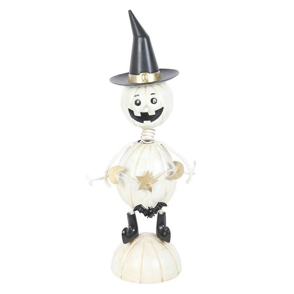 image 1 of White Metal Pumpkin Man Halloween Ornament with Witch Hat
