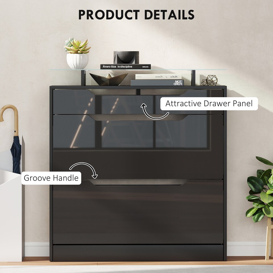image 1 of HOMCOM Shoe Cabinet with 3 Drawers, High Gloss Front Panels, Glass Top Black | Black