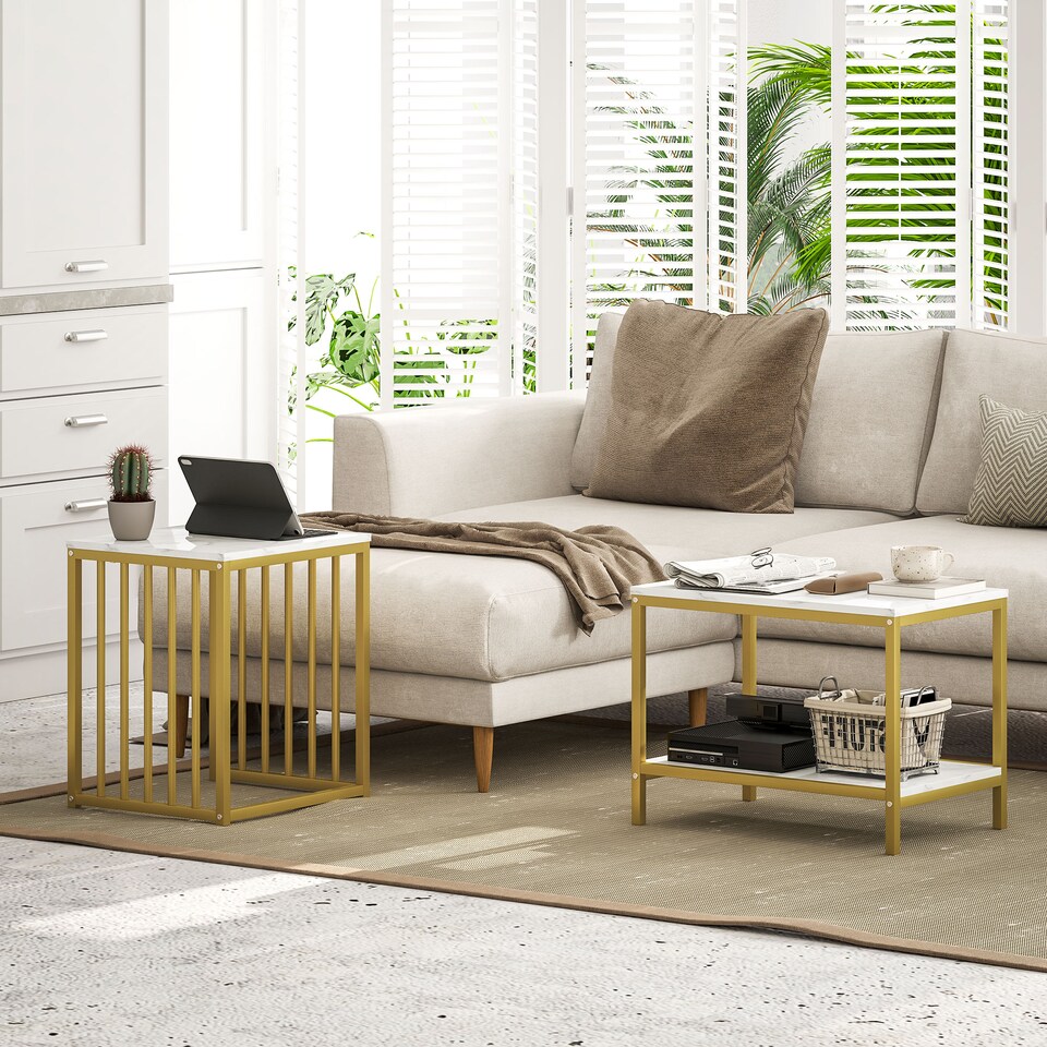 image 1 of HOMCOM Modern Coffee Table Set of Two, Marble-Effect Nesting Side Tables with Steel Frame for Living Room, Gold Tone