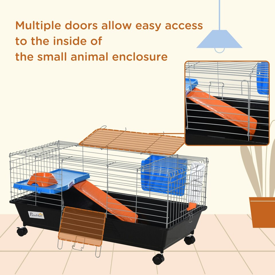 image 1 of PawHut 89cm Small Animal Cage for Rabbit Guinea Pig w/ Food Dish Black