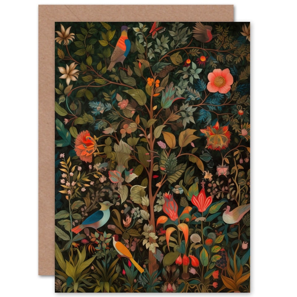 image 1 of Birds in Blooming Garden William Morris Style Nature Greeting Card