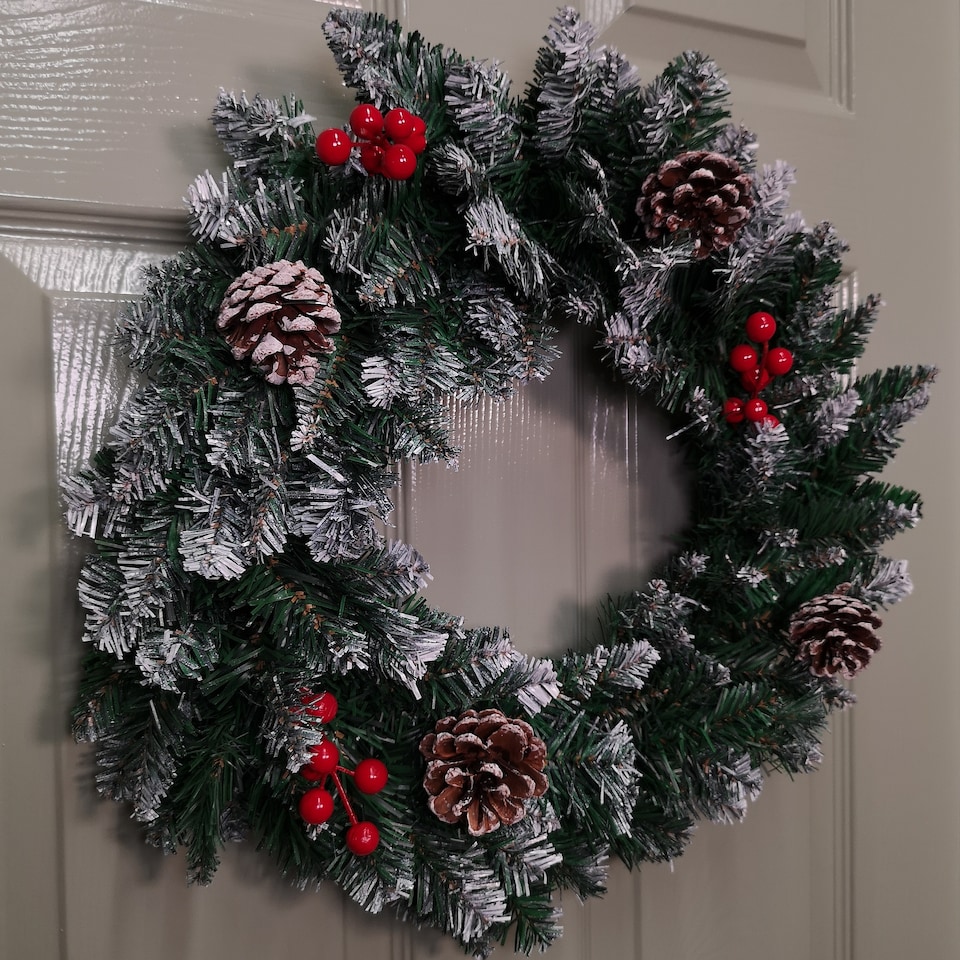 image 1 of 45cm Snow Tipped Green Wreath Christmas Decoration with 125 Tips, Pine Cones and Berries