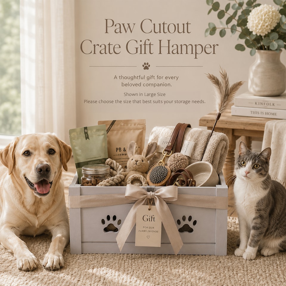 image 1 of Paw Shaped Cutout Dog Toys Chest Gift Hampers Storage Collection Box Wooden Crates Gift Hampers (Grey, Large)