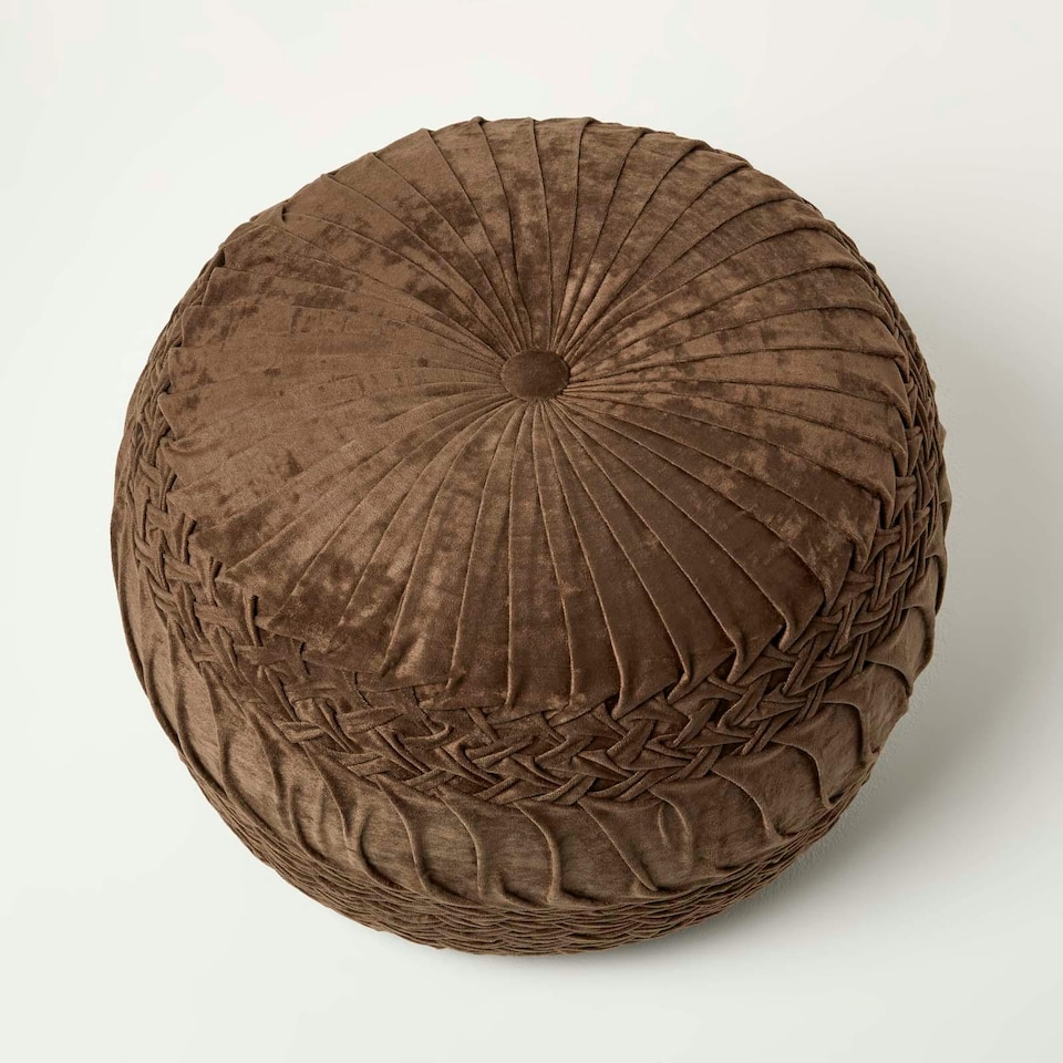 image 1 of Homescapes Sofia Pleated Velvet Chocolate Brown Pouffe