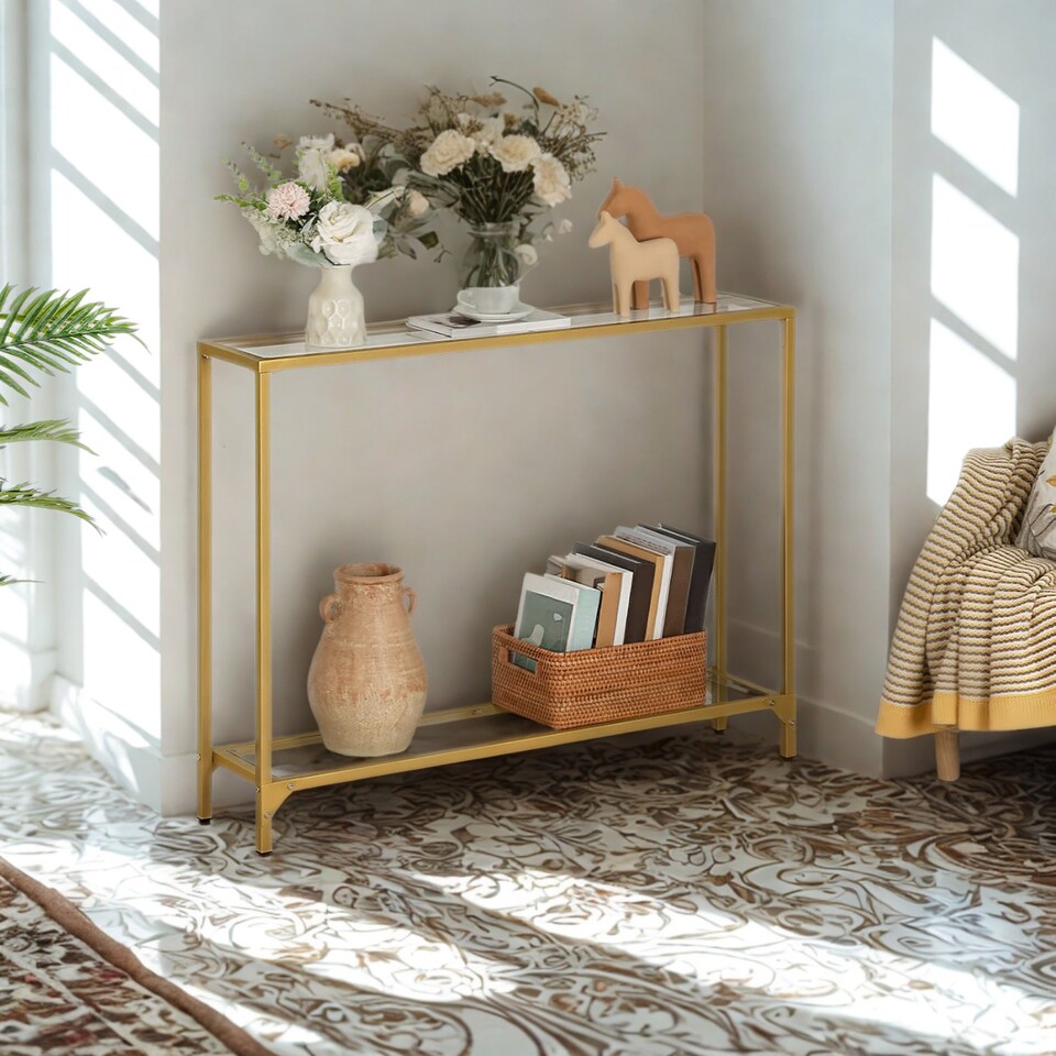 image 1 of Industrial 2 Tier Entryway Hallway Console Table With Tempered Glass Top