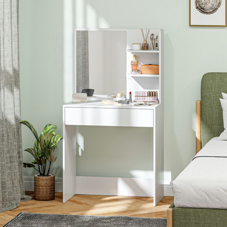 image 1 of HOMCOM Dressing Table with Mirror and Storage, Modern Vanity Desk, White White