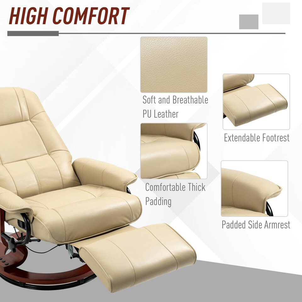 image 1 of HOMCOM Ergonomic Office Recliner Sofa Chair PU Leather Armchair Lounger Cream