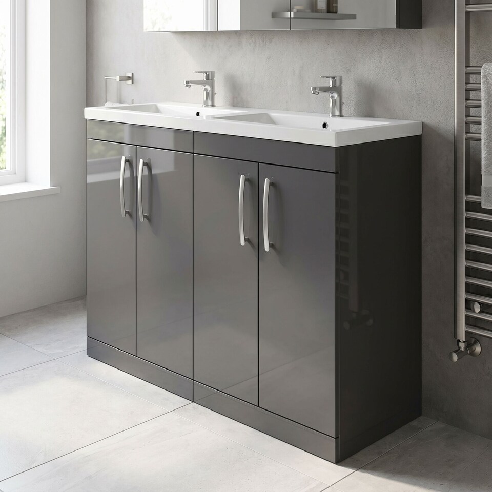 image 1 of Balterley Millwich Contemporary 4 Door Floor Standing Vanity Unit with Basin, Gloss Grey, 1200mm
