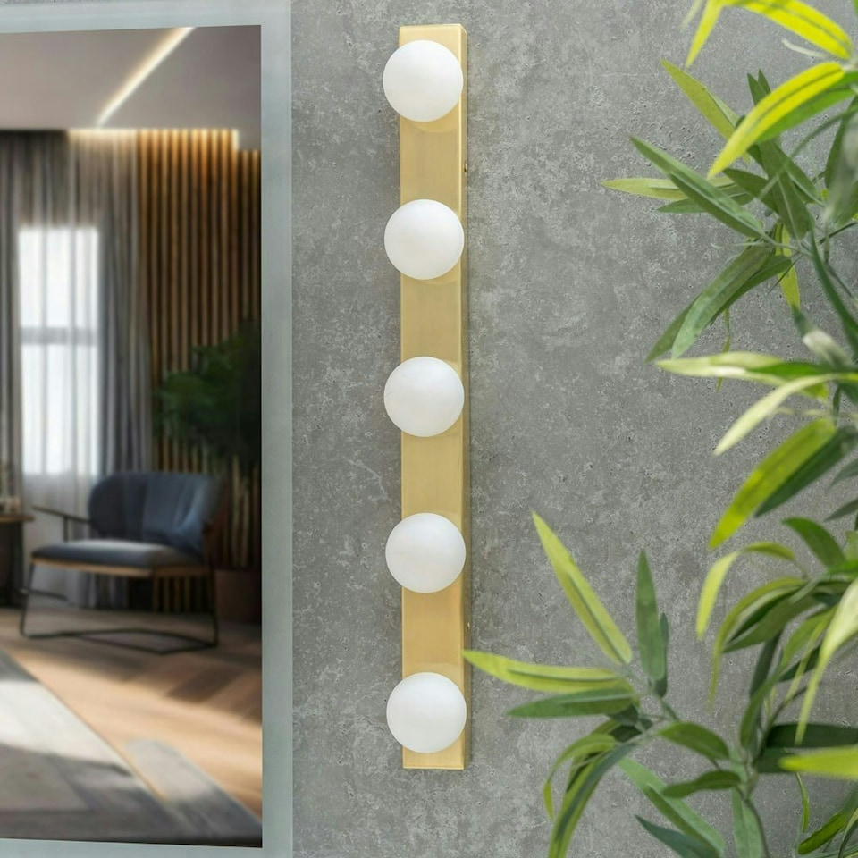 image 1 of ValueLights Brushed Gold Hollywood Make Up Dressing Table Vanity Light IP44 Wall Light Glass Globe Lamp Shade - Bulbs Included