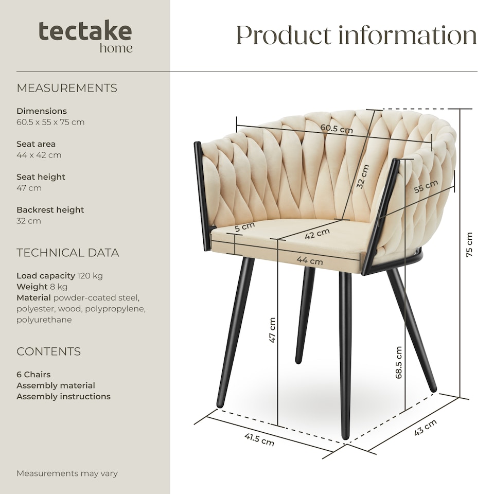 image 1 of Dining Chair Astano - padded, velvet, knot design, continuous backrest | Cream | sand | 6