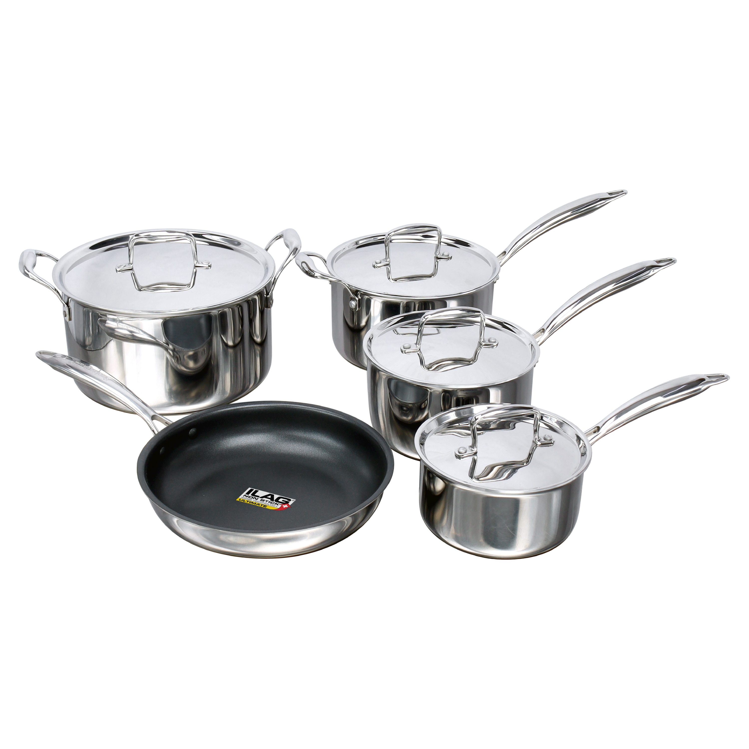 Buckingham Elite Tri 18/8 Stainless Steel set of 5 cookware, 3 deep saucepans 16cm , 18cm , 20cm, 1 frying pan 24cm (ILAG coating) and 1 Casserole 24