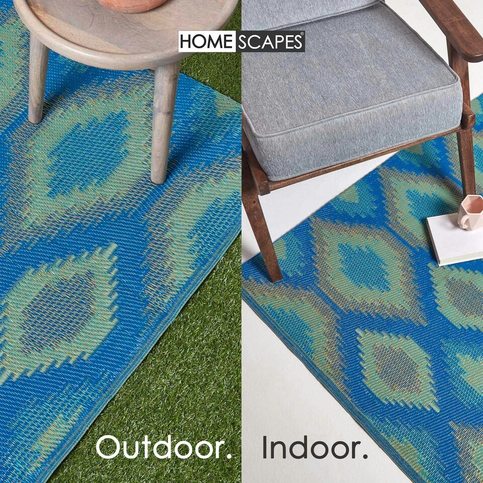image 1 of Homescapes Outdoor Rug Luxury Waterproof Reversible Recycled, For Garden, Amber Ikat Blue | 180 x 270 cm