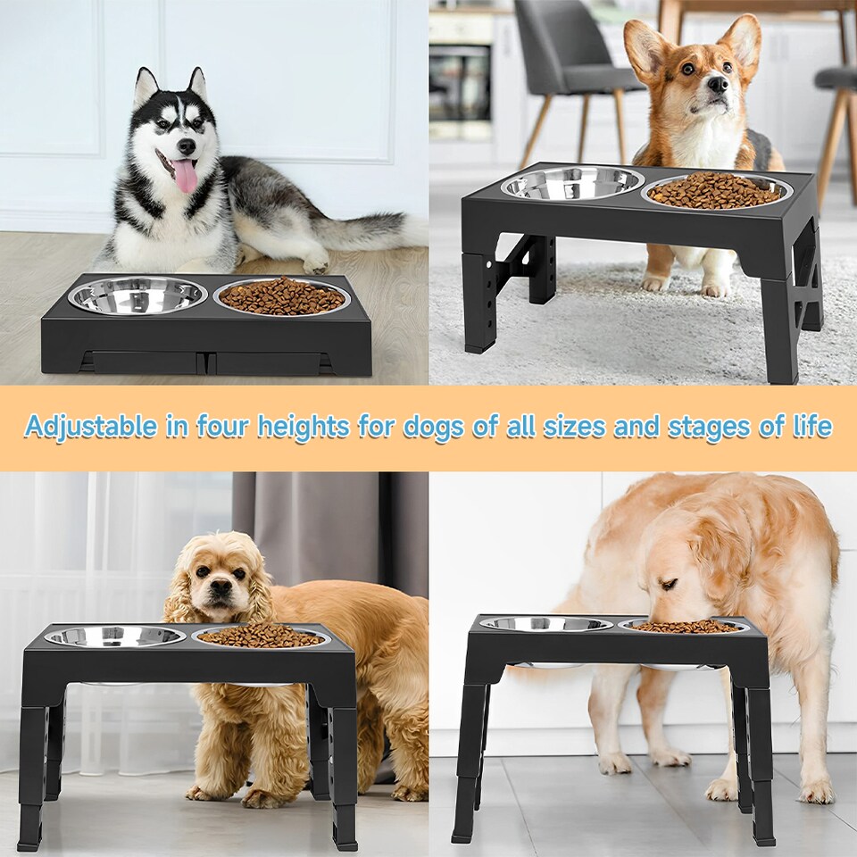 image 1 of Living and Home Adjustable Height Pet Bowl for Dogs & Cats – Ergonomic, Non-Slip Feeding Station | Black