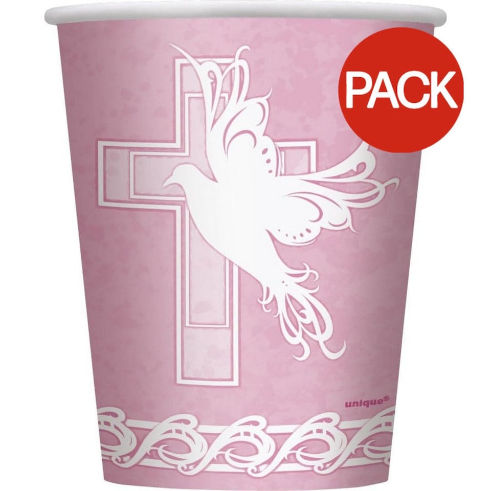 Unique Party Paper Dove Cross Christening Disposable Cup (Pack of 8) - Pink - One Size
