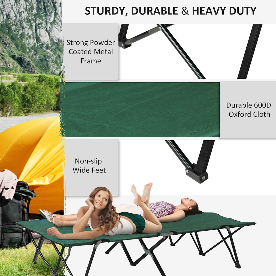 image 1 of Outsunny Double Camping Folding Cot Outdoor Portable Sleeping Bed, Green