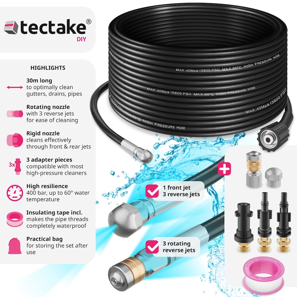 image 1 of Drain cleaning hose set including 2 nozzles and 3 adapters | Black | black | 30 m | 1