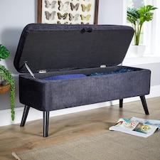 Ottoman Box Velvet Fabric Hidden Storage Wooden Legs Home Living | Black | Black