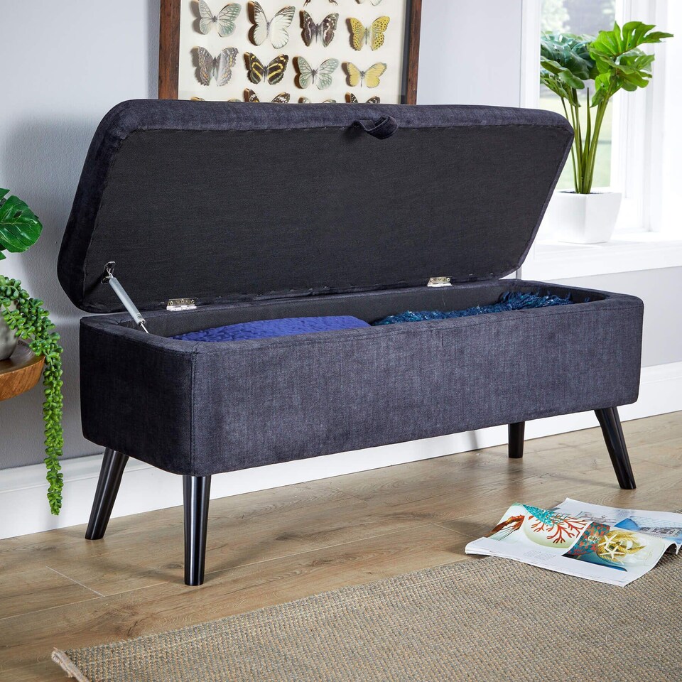 image 1 of Ottoman Box Velvet Fabric Hidden Storage Wooden Legs Home Living | Black | Black