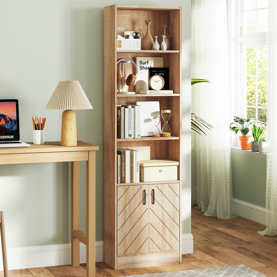 image 1 of COSTWAY 6-Tier Bookshelf Bookcase w/4 Open Cubes Oak Brown