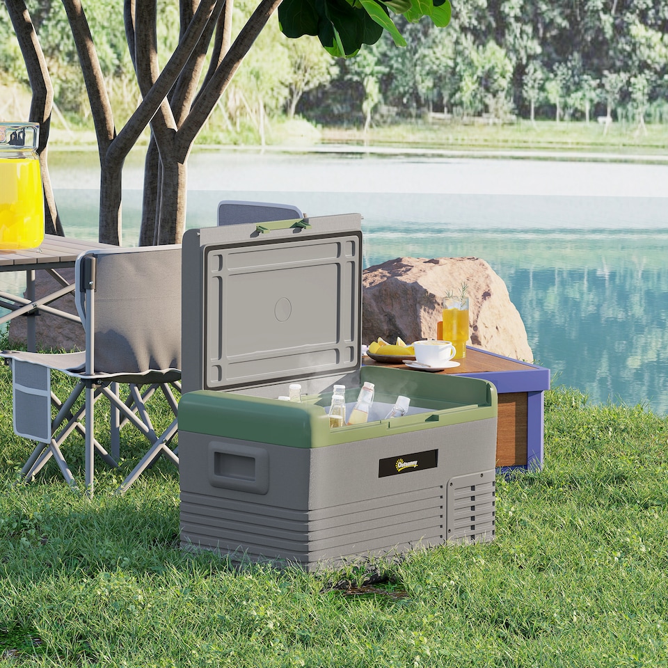 image 1 of Outsunny 30L Car Refrigerator, Portable Compressor Car Fridge Freezer, Electric Cooler Box with 12/24V DC and 110-240V AC for Camping, Driving, Picnic, Down to -20℃, Light Green and Grey | Green