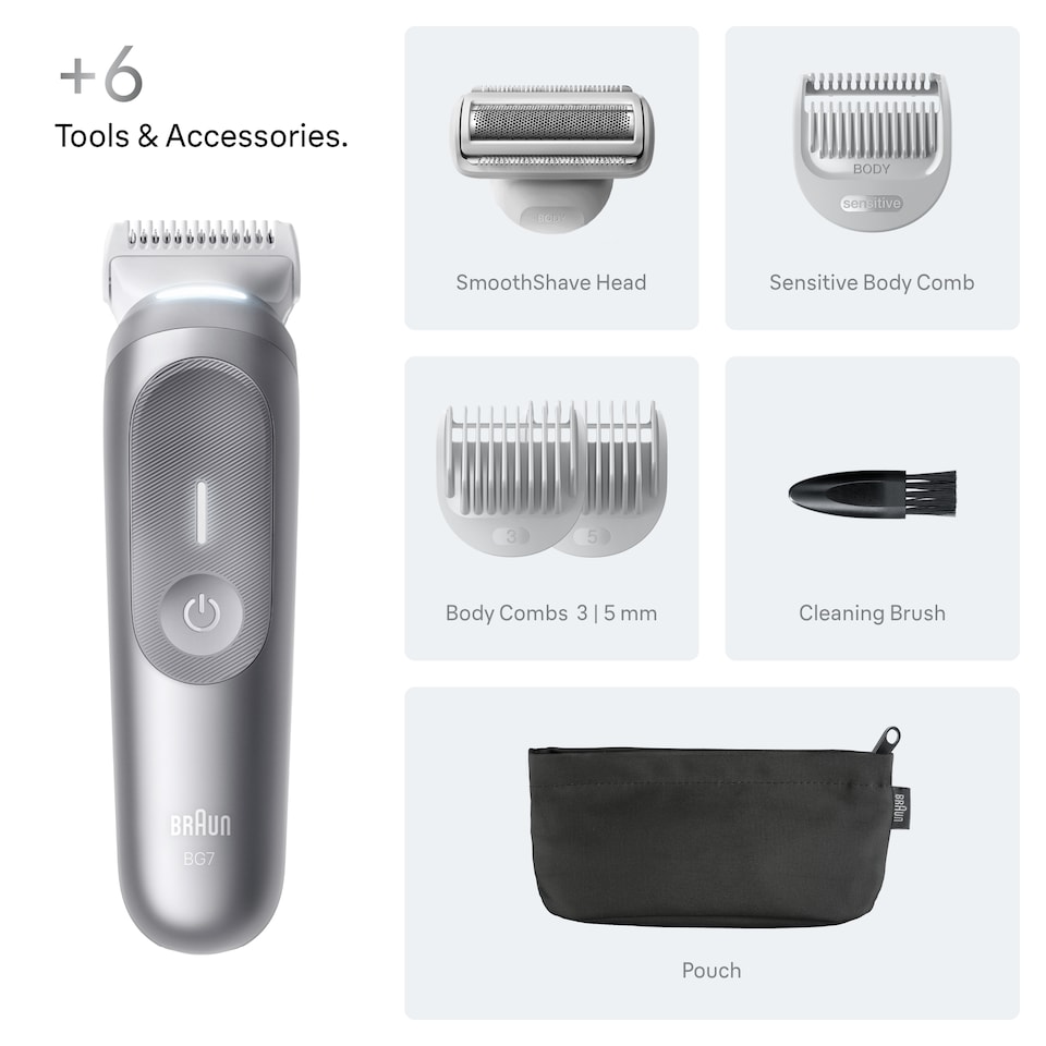 image 1 of Braun Body Groomer Series 7, +6 Grooming Tools, Trim & Shave, Waterproof, BG7550, Grey