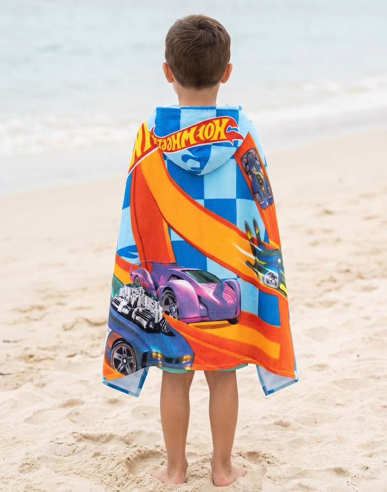 image 1 of Hot Wheels Race Track Boys Blue Poncho Towel | Hooded Beachwear with Multi-Car Graphics & Checkered Pattern | Poolside Cover-Up | After-Bath Towel for Kids | Hot Wheels Merch