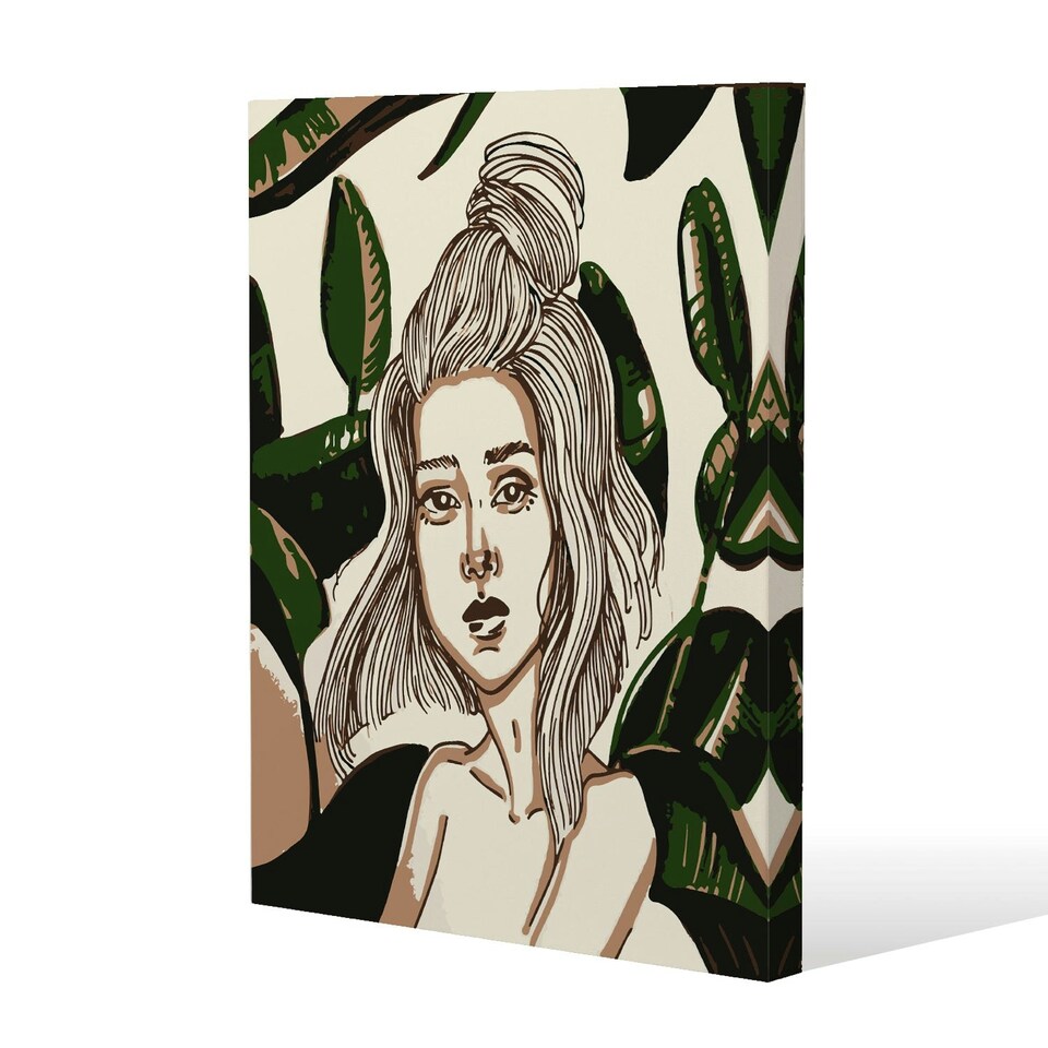 image 1 of Young woman in tropical leaves (Canvas Print) 31 x 41 x 4cm
